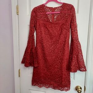 Red Lace Bell Sleeve Cut Out Detail Dress